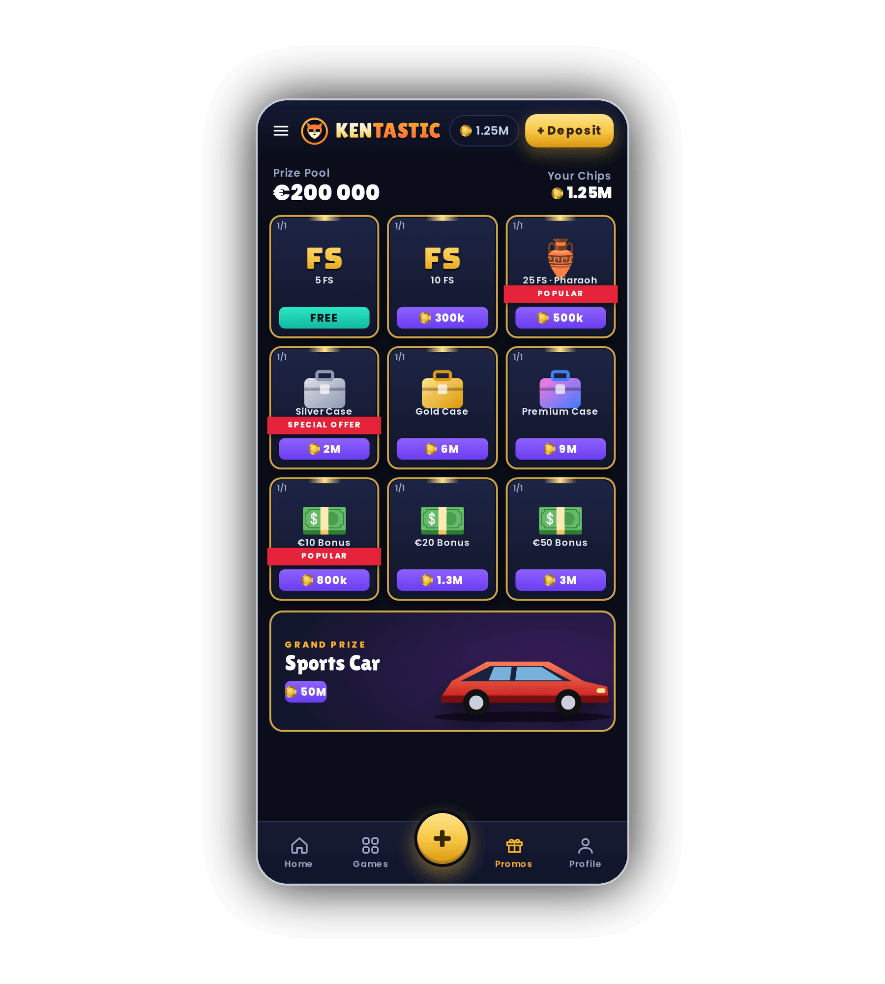 Kentastic shop on a phone with a Prize Pool of 200,000 euro, a Chips balance of 1.25M, tiles for free spins, Silver, Gold and Premium Cases, 10, 20 and 50 euro bonuses and a Sports Car grand prize for 50M Chips