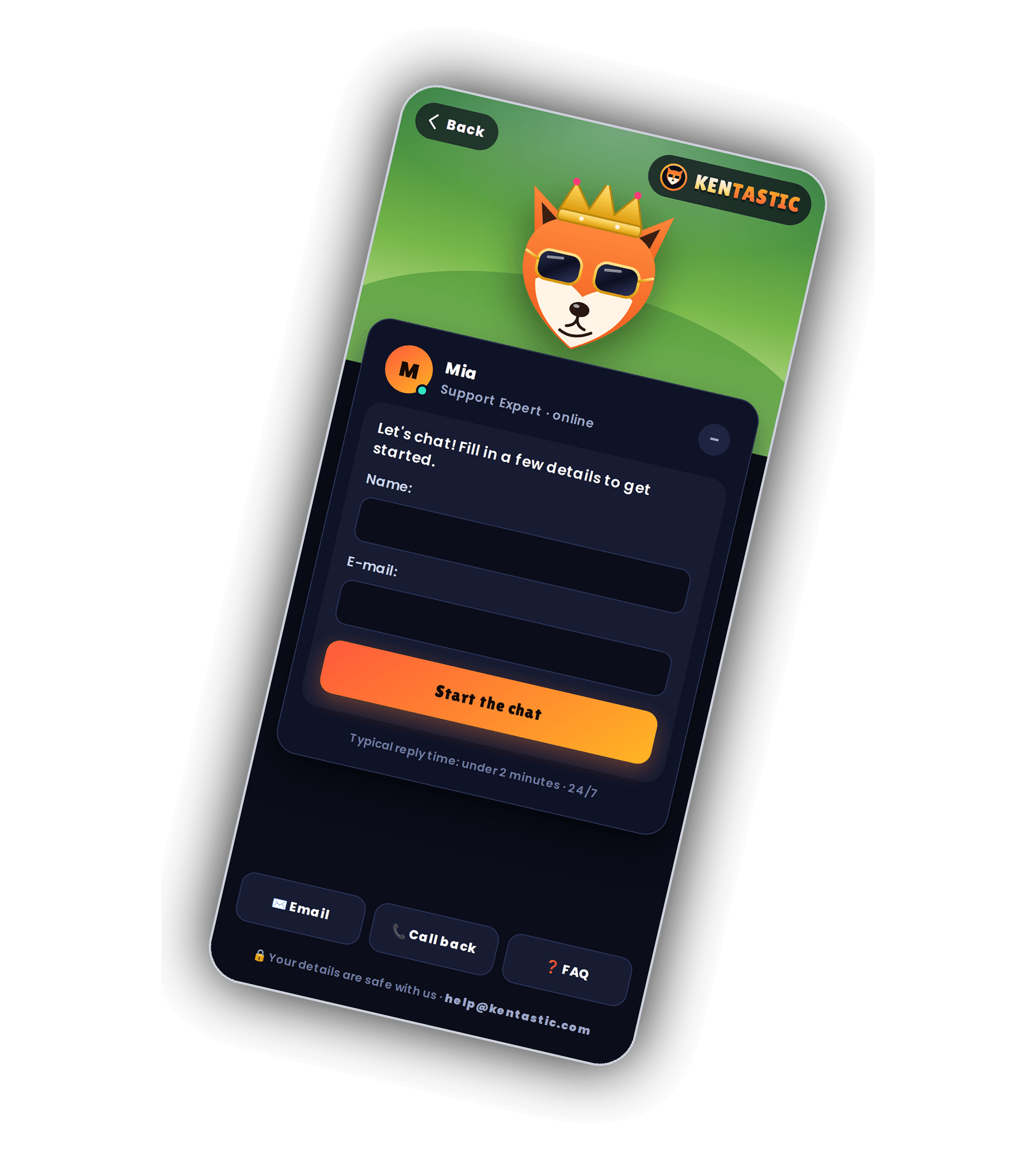 Kentastic support chat on a phone with agent Mia, Support Expert, online, Name and E-mail fields, an orange Start the chat button, a typical reply time of under 2 minutes and Email, Call back and FAQ buttons