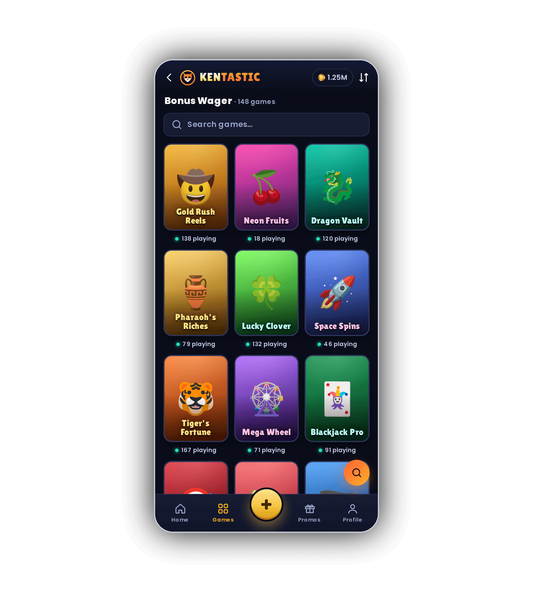 Kentastic Bonus Wager hall on a phone with 148 games, a search field and tiles for Gold Rush Reels, Neon Fruits, Dragon Vault, Pharaoh's Riches, Lucky Clover, Space Spins, Tiger's Fortune, Mega Wheel and Blackjack Pro