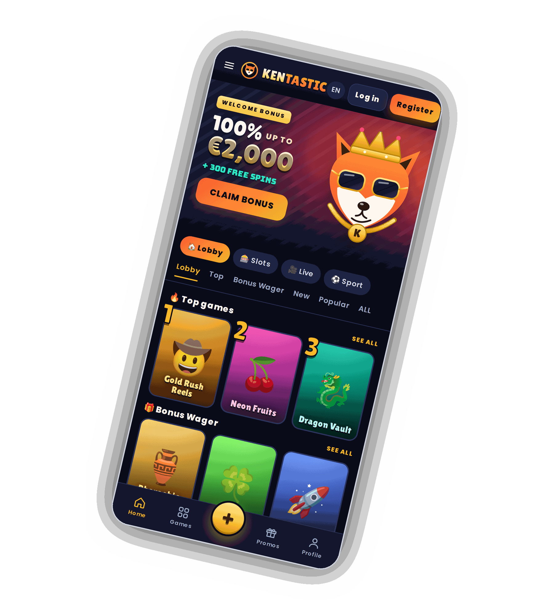 Kentastic lobby on a phone with the crowned fox mascot, a Welcome Bonus banner of 100% up to 2,000 euro plus 300 free spins, a Claim Bonus button and a Top games row with Gold Rush Reels, Neon Fruits and Dragon Vault