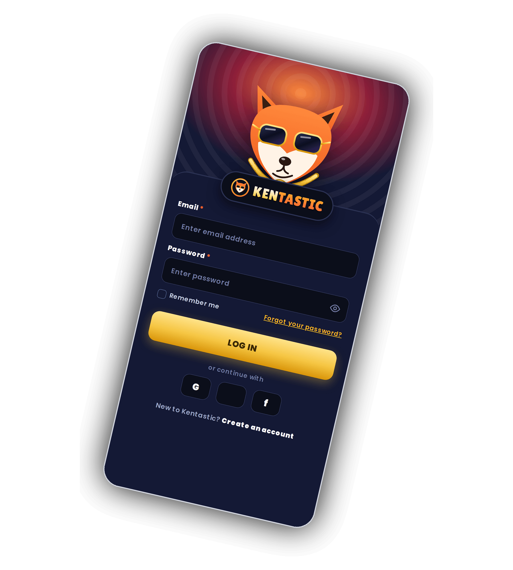 Kentastic Log In screen on a phone with the fox mascot on a red background, Email and Password fields, a Remember me box, a Forgot your password link, a gold Log In button and Google, Apple and Facebook buttons