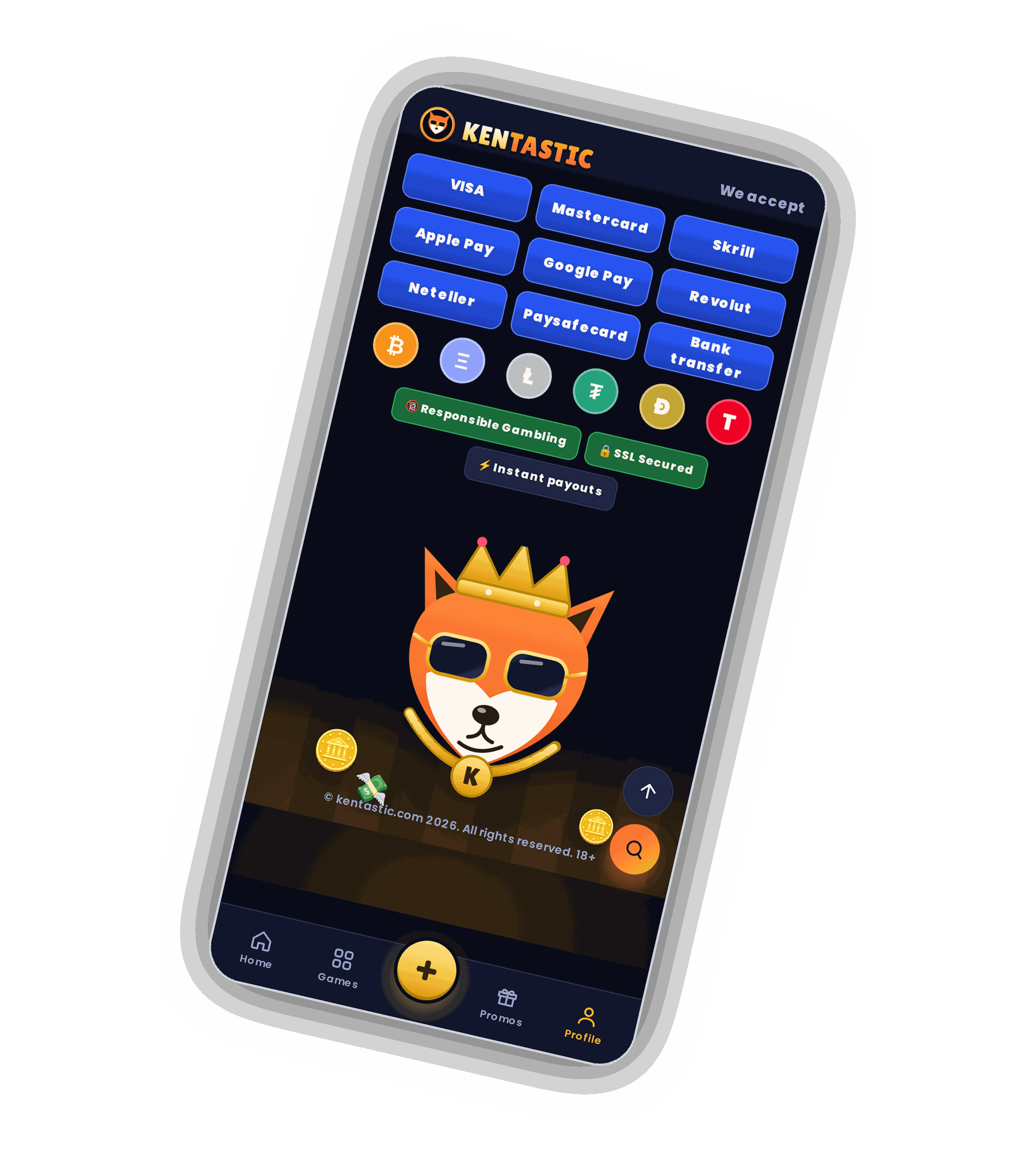 Kentastic footer on a phone with a We accept panel of Visa, Mastercard, Skrill, Apple Pay, Google Pay, Neteller, Revolut, Paysafecard and Bank transfer buttons, six coin icons and the fox mascot with gold coins