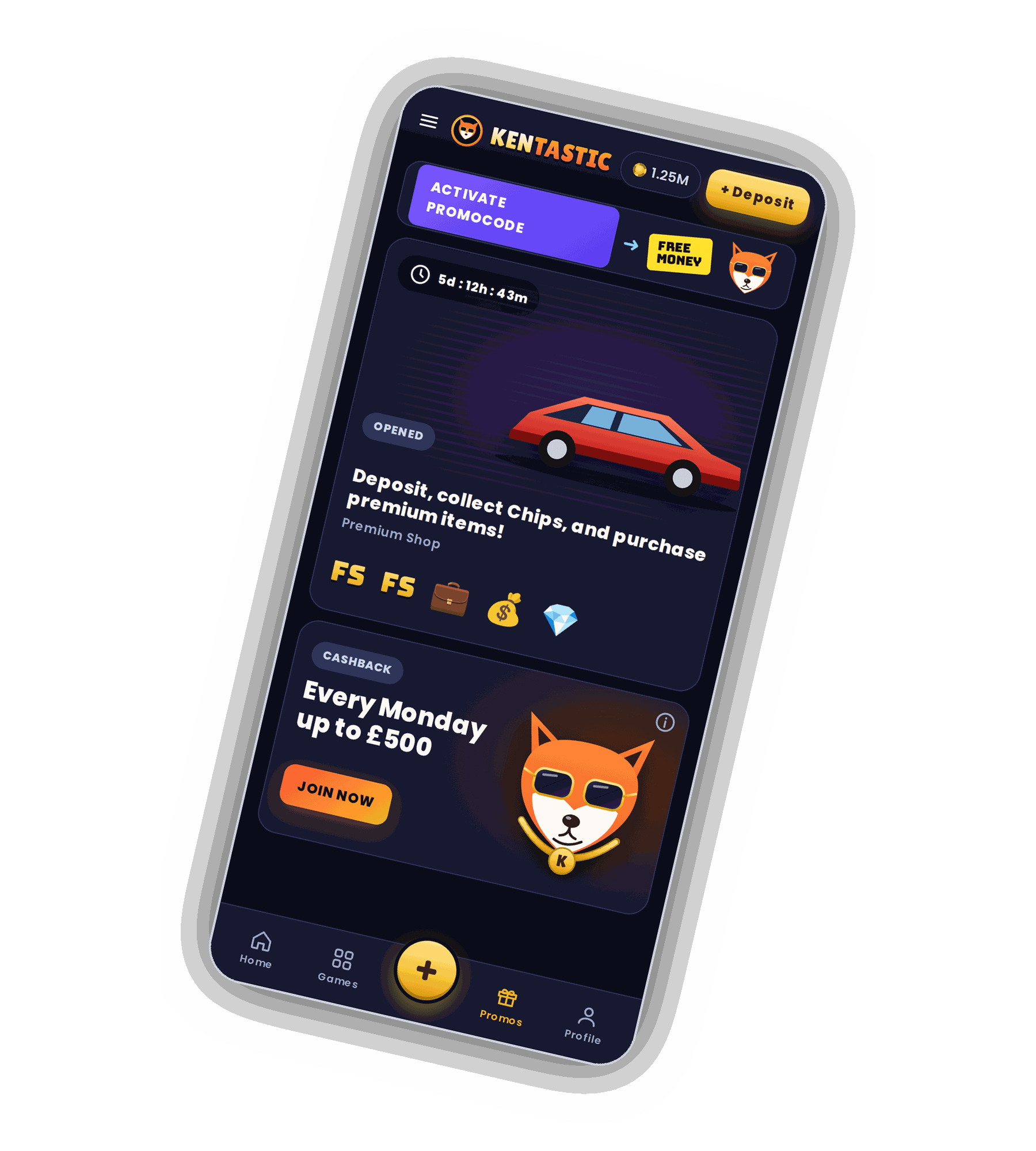 Kentastic promotions page on a phone with an Activate Promocode panel, a Premium Shop card marked Opened with a 5 day timer and a red car, and a Cashback card reading Every Monday with a Join Now button