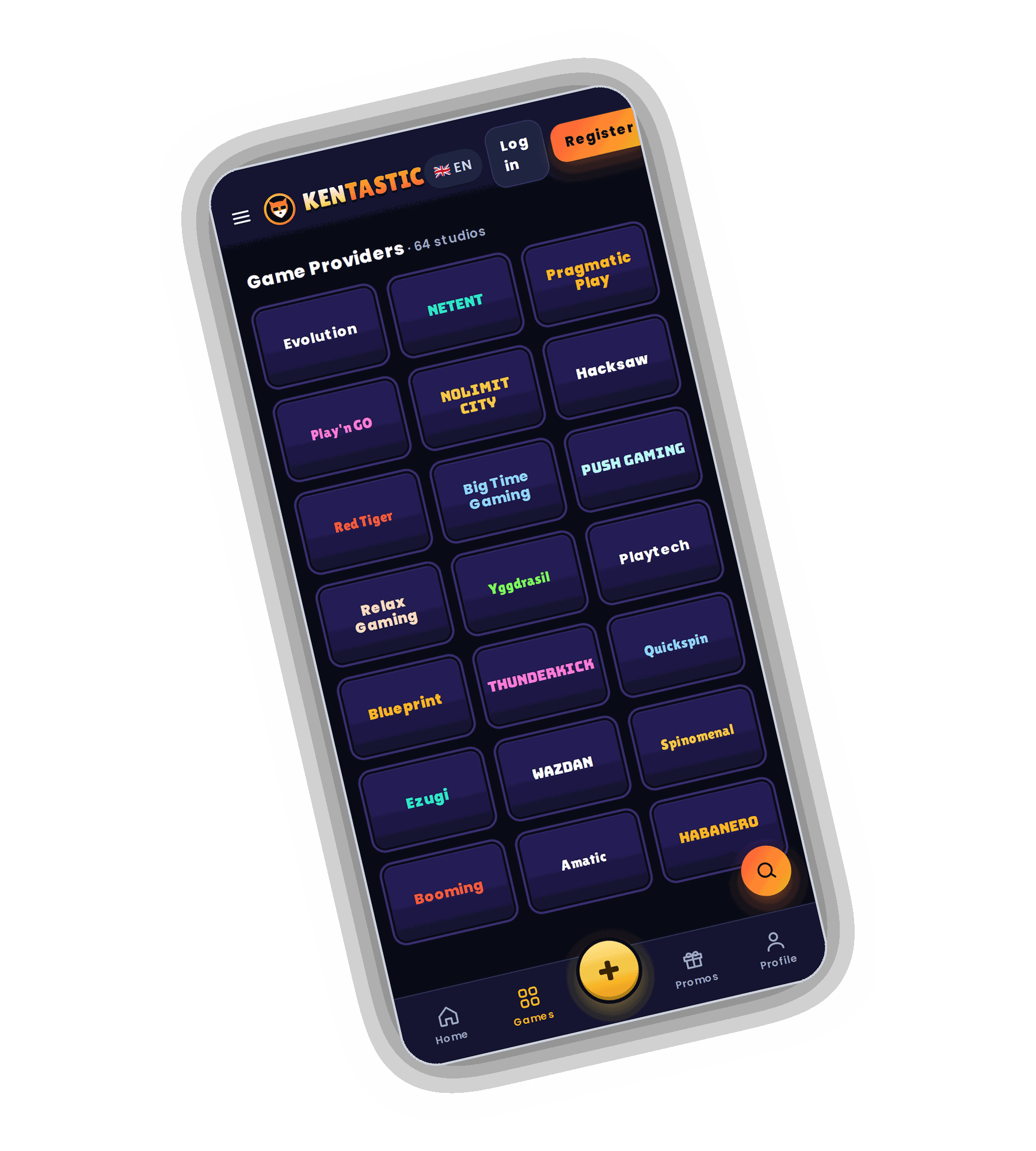 Kentastic Game Providers page on a phone listing 64 studios, with tiles for Evolution, NetEnt, Pragmatic Play, Play'n GO, Nolimit City, Hacksaw, Red Tiger, Big Time Gaming, Push Gaming, Relax Gaming, Yggdrasil and Playtech