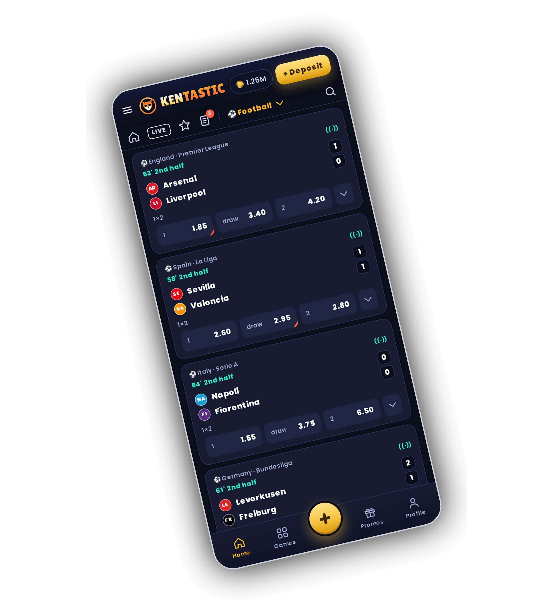 Kentastic sportsbook on a phone with live football from the Premier League, La Liga, Serie A and the Bundesliga, showing Arsenal v Liverpool, Sevilla v Valencia, Napoli v Fiorentina and Leverkusen v Freiburg with 1x2 odds