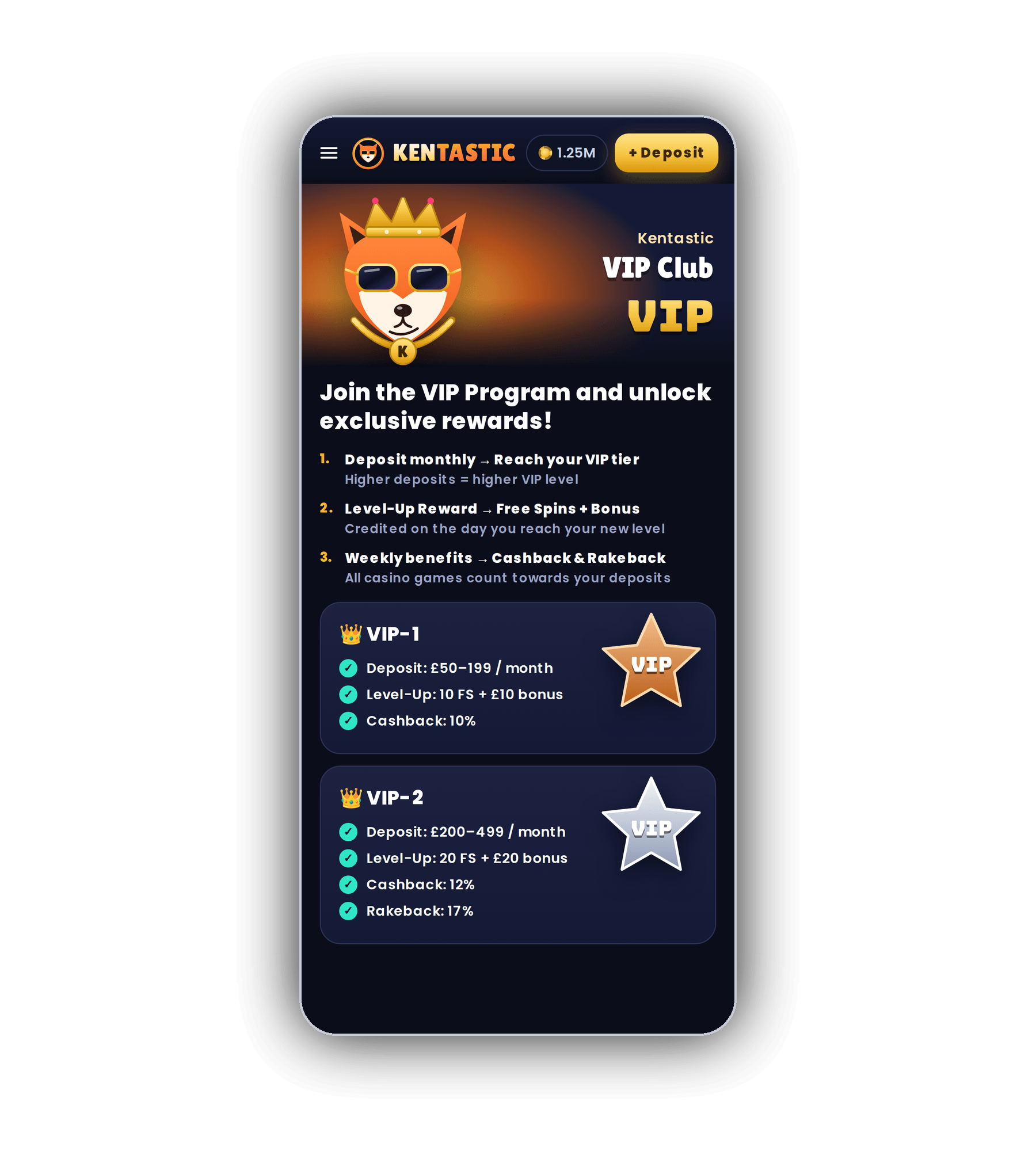 Kentastic VIP Club page on a phone with the crowned fox, three steps to join and cards for VIP-1 and VIP-2 with bronze and silver VIP stars
